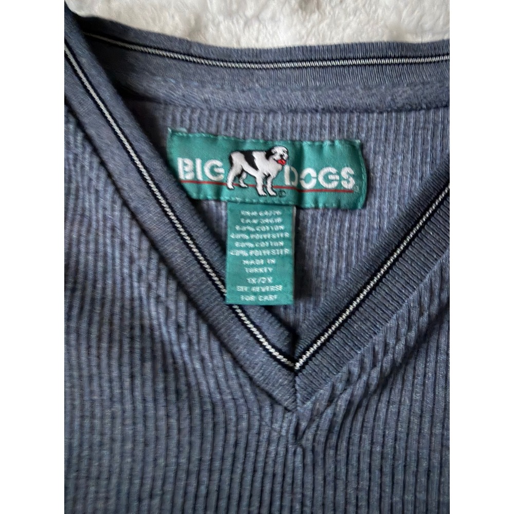 Big Dogs Mens V-Neck Ribbed Knit Shirt Blue Gray Embroidered Logo 1X/2X Relaxed - Picture 5 of 10